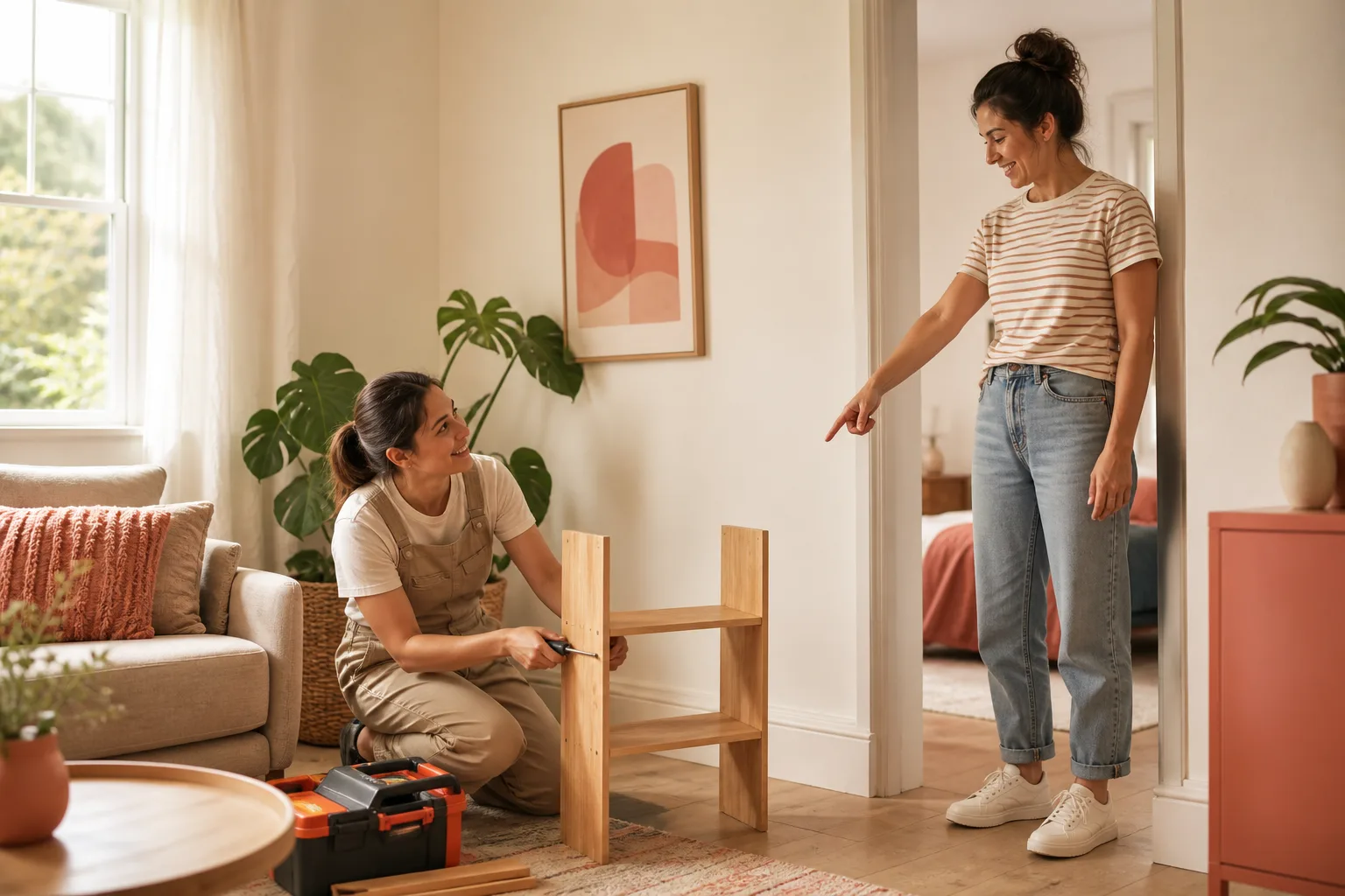 A local helper assembling a wooden shelf while a homeowner points to its place